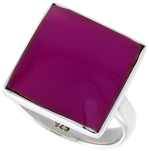 Sterling Silver Ring, w/ 17mm Square-shaped Purple Resin, 5/8 inch (16 mm) wide