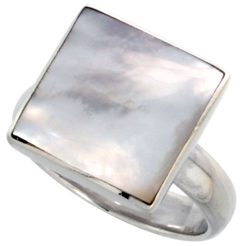 Sterling Silver Ring, w/ 13mm Square-shaped Mother of Pearl, 1/2 inch (13 mm) wide
