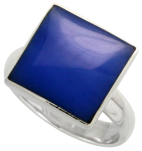 Sterling Silver Ring, w/ 13mm Square-shaped Blue Resin, 1/2 inch (13 mm) wide