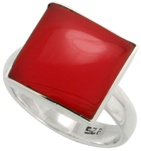 Sterling Silver Ring, w/ 13mm Square-shaped Red Resin, 1/2 inch (13 mm) wide