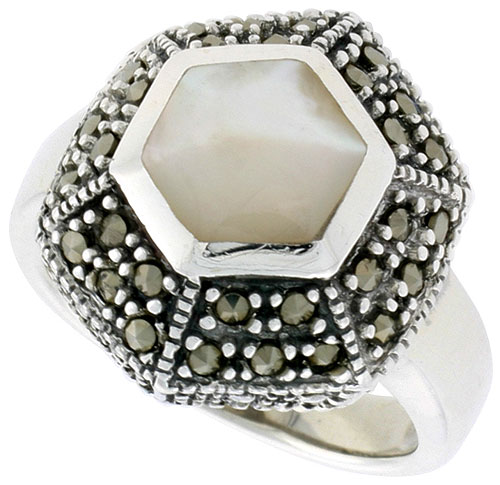 Sterling Silver Ring, w/ Hexagon-shaped Mother of Pearl, 3/4 inch (18 mm) wide
