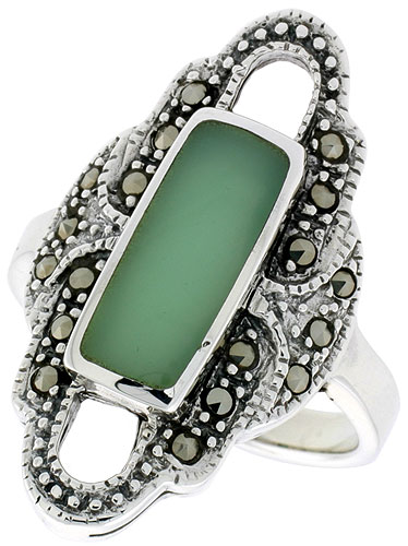 Sterling Silver Ring, w/ 14 x 6 mm Rectangular Green Resin, 1 1/8 inch (29 mm) wide
