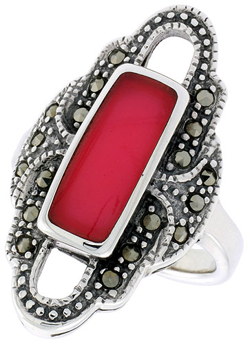 Sterling Silver Ring, w/ 14 x 6 mm Rectangular Red Resin, 1 1/8 inch (29 mm) wide