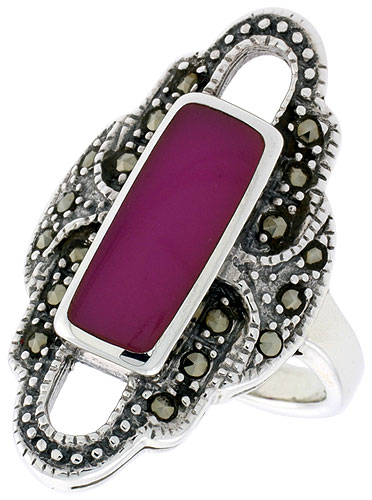Sterling Silver Ring, w/ 14 x 6 mm Rectangular Purple Resin, 1 1/8 inch (29 mm) wide