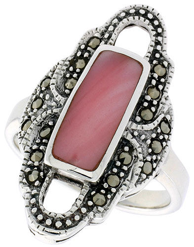 Sterling Silver Ring, w/ 14 x 6 mm Rectangular Pink Mother of Pearl, 1 1/8 inch (29 mm) wide