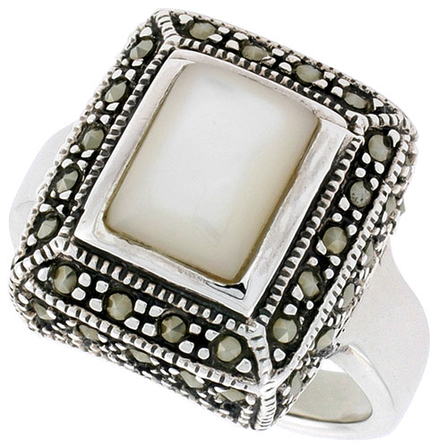 Sterling Silver Ring, w/ 10 x 8 mm Rectangular Mother of Pearl, 3/4 inch (17 mm) wide