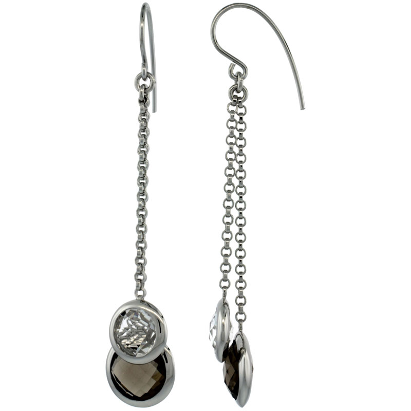 Sterling Silver Natural Stone Dangle Earrings w/ 9mm Smoky Topaz & 8mm White Quartz Drop, 2 9/16 in. (65 mm) tall