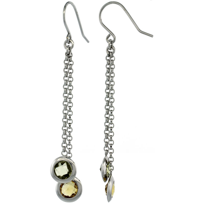 Sterling Silver Natural Stone Dangle Earrings w/ 6mm Green Amethyst & Citrine Drop, 2 3/8 in. (61 mm) tall