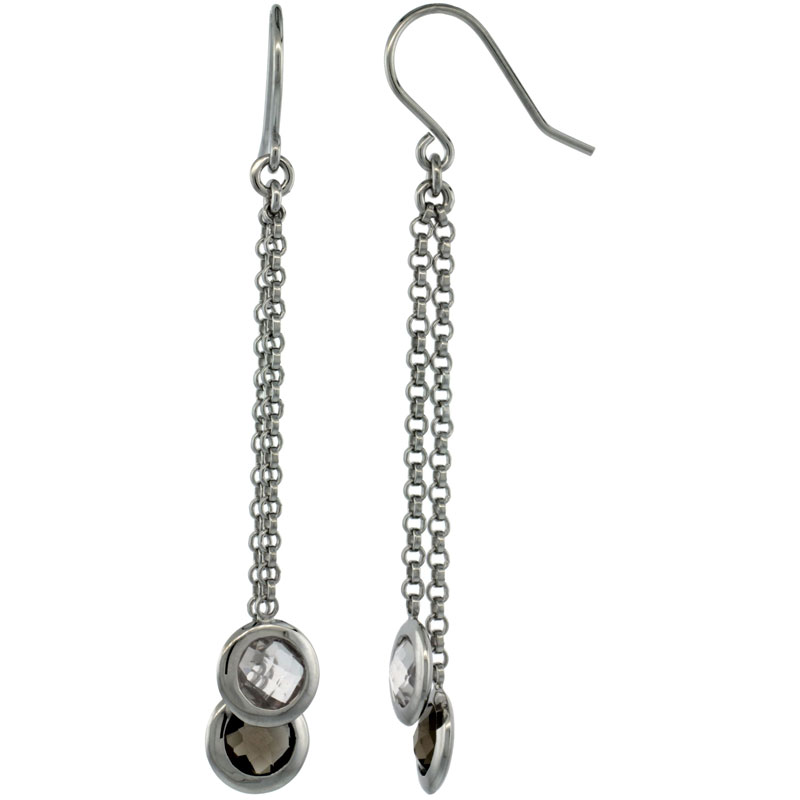 Sterling Silver Natural Stone Dangle Earrings w/ 6mm Smoky Topaz & White Quartz Drop, 2 3/8 in. (61 mm) tall