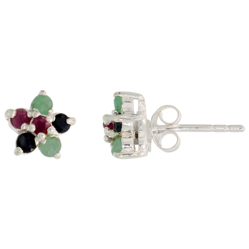 Sterling Silver Flower Cluster Natural Emerald, Ruby & Blue Sapphire Stone Stud Earrings, 5/16 in. (8 mm) tall