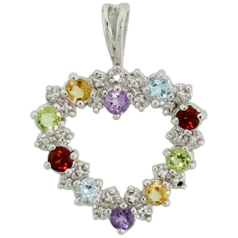 Sterling Silver Cut Out Heart Pendant w/ 3mm Brilliant Cut Natural Multi-Color Gem Stones, 13/16" (21 mm) tall; w/ 18 in. Box Chain