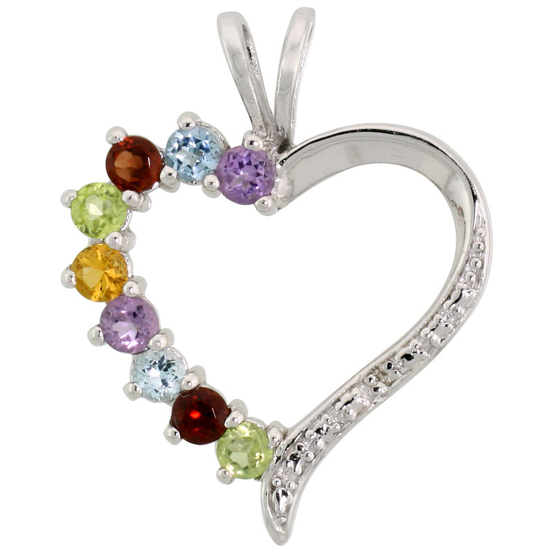 Sterling Silver Cut Out Heart Pendant w/ 3mm Brilliant Cut Natural Multi-Color Gem Stones, 7/8" (22 mm) tall; w/ 18 in. Box Chain