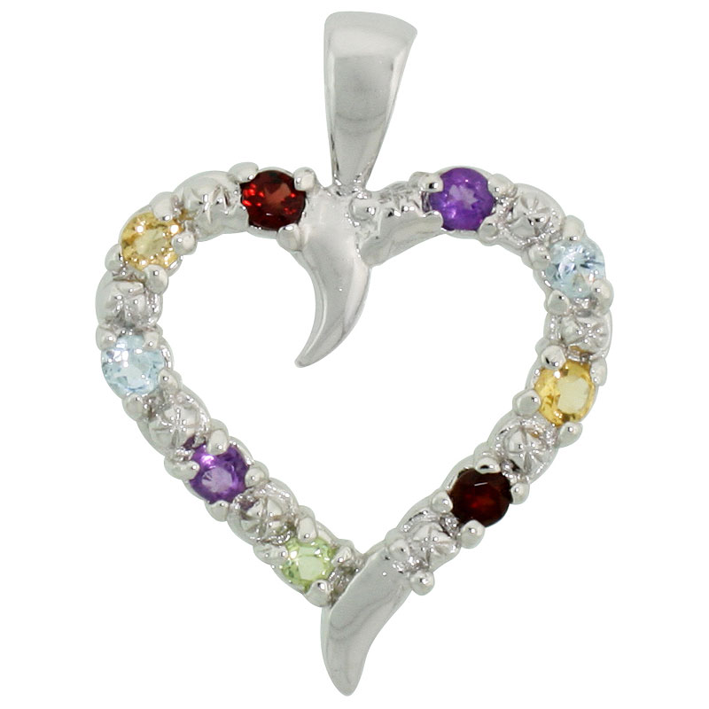 Sterling Silver Cut Out Heart Pendant w/ 3mm Brilliant Cut Natural Multi-Color Gem Stones, 3/4" (19 mm) tall; w/ 18 in. Box Chain
