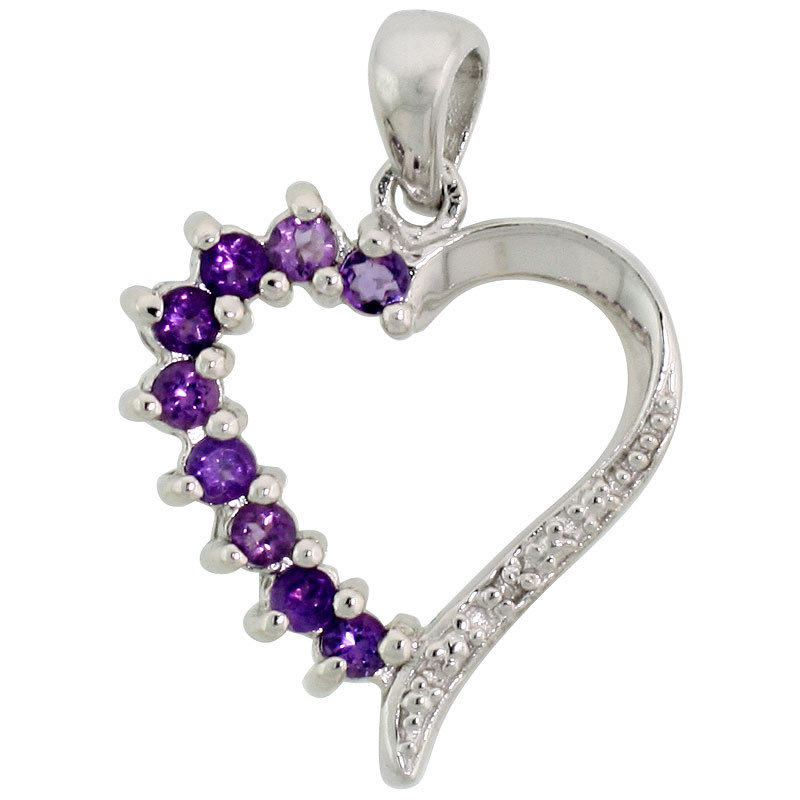 Sterling Silver Cut Out Heart Pendant w/ 2mm Brilliant Cut Natural Amethyst Stones, 3/4" (19 mm) tall; w/ 18 in. Box Chain