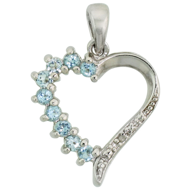 Sterling Silver Cut Out Heart Pendant w/ 2mm Brilliant Cut Natural Blue Topaz Stones, 3/4" (19 mm) tall; w/ 18 in. Box Chain
