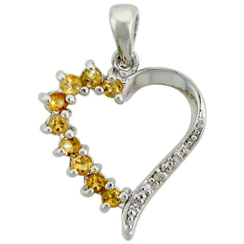Sterling Silver Cut Out Heart Pendant w/ 2mm Brilliant Cut Natural Citrine Stones, 3/4" (19 mm) tall; w/ 18 in. Box Chain