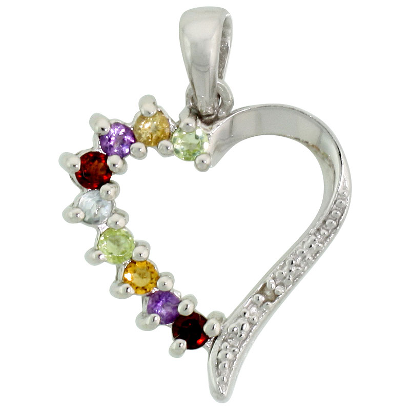 Sterling Silver Cut Out Heart Pendant w/ 2mm Brilliant Cut Natural Multi-Color Gem Stones, 3/4" (19 mm) tall; w/ 18 in. Box Chain