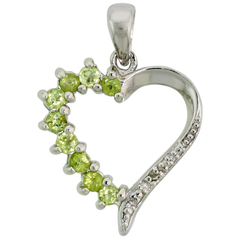 Sterling Silver Cut Out Heart Pendant w/ 2mm Brilliant Cut Natural Peridot Stones, 3/4" (19 mm) tall; w/ 18 in. Box Chain
