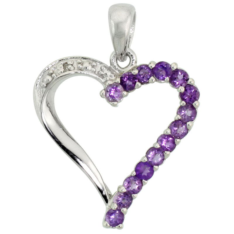 Sterling Silver Cut Out Heart Pendant w/ 2mm Brilliant Cut Natural Amethyst Stones, 13/16" (21 mm) tall; w/ 18 in. Box Chain