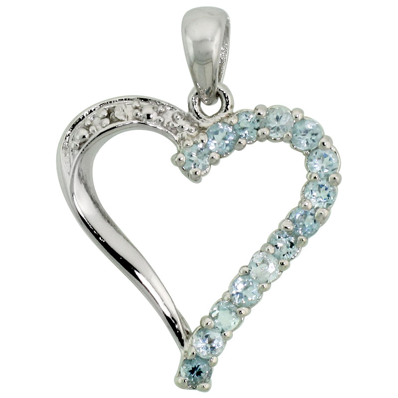Sterling Silver Cut Out Heart Pendant w/ 2mm Brilliant Cut Natural Blue Topaz Stones, 13/16" (21 mm) tall; w/ 18 in. Box Chain