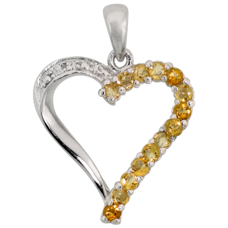 Sterling Silver Cut Out Heart Pendant w/ 2mm Brilliant Cut Natural Citrine Stones, 13/16" (21 mm) tall; w/ 18 in. Box Chain