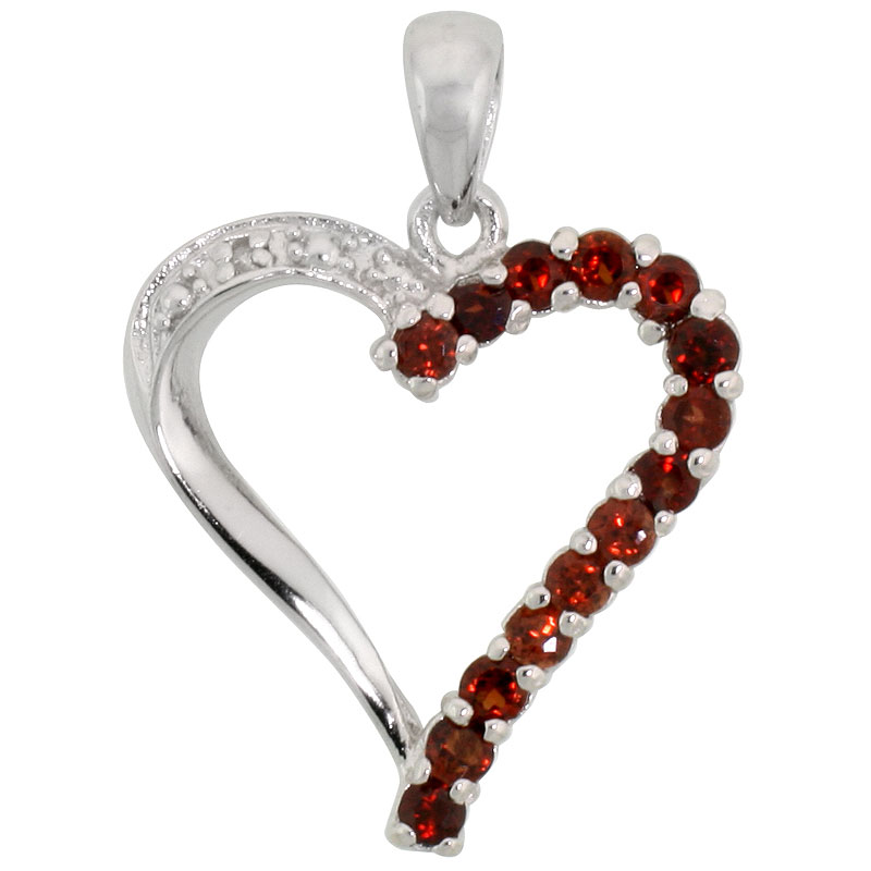 Sterling Silver Cut Out Heart Pendant w/ 2mm Brilliant Cut Natural Garnet Stones, 13/16" (21 mm) tall; w/ 18 in. Box Chain