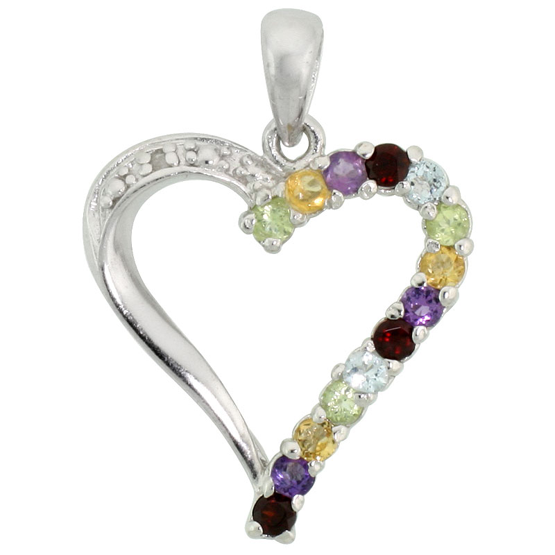 Sterling Silver Cut Out Heart Pendant w/ 2mm Brilliant Cut Natural Multi-Color Gem Stones, 13/16" (21 mm) tall; w/ 18 in. Box Chain