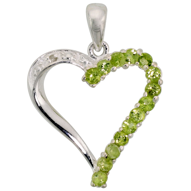 Sterling Silver Cut Out Heart Pendant w/ 2mm Brilliant Cut Natural Peridot Stones, 13/16" (21 mm) tall; w/ 18 in. Box Chain