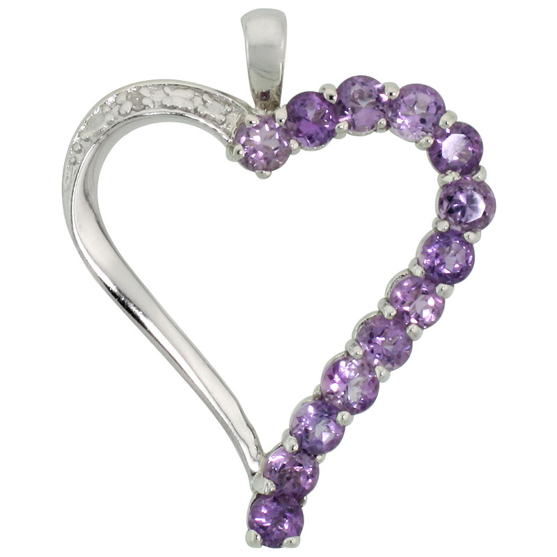 Sterling Silver Cut Out Heart Pendant w/ 3mm Brilliant Cut Natural Amethyst Stones, 1" (25 mm) tall; w/ 18 in. Box Chain