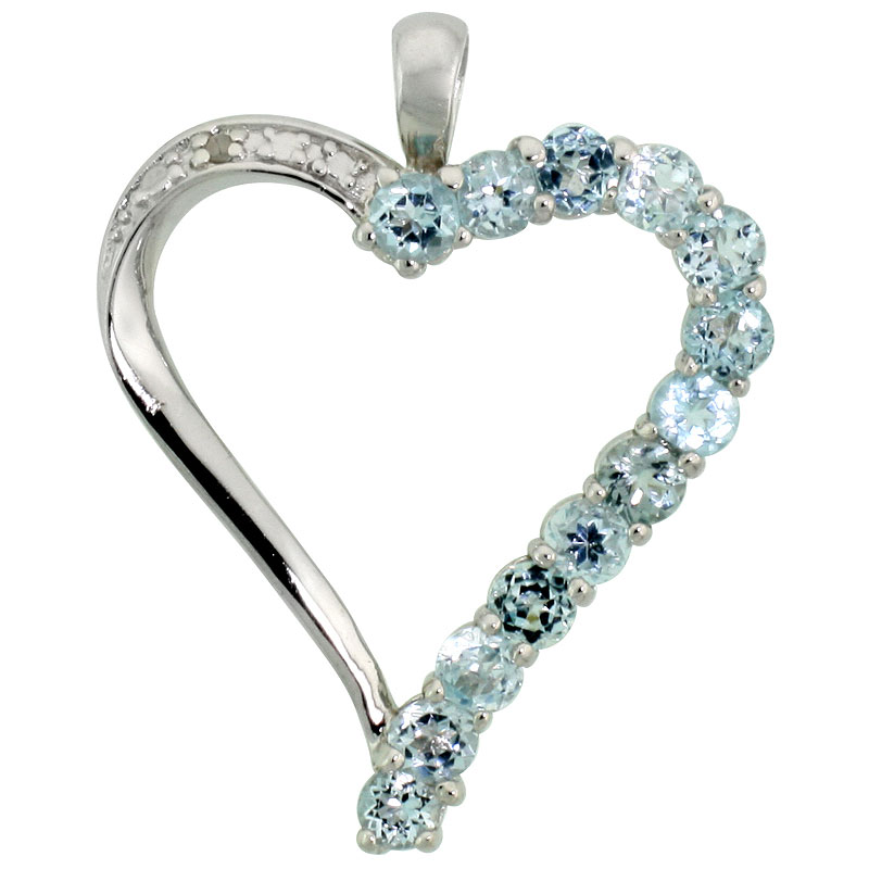 Sterling Silver Cut Out Heart Pendant w/ 3mm Brilliant Cut Natural Blue Topaz Stones, 1" (25 mm) tall; w/ 18 in. Box Chain