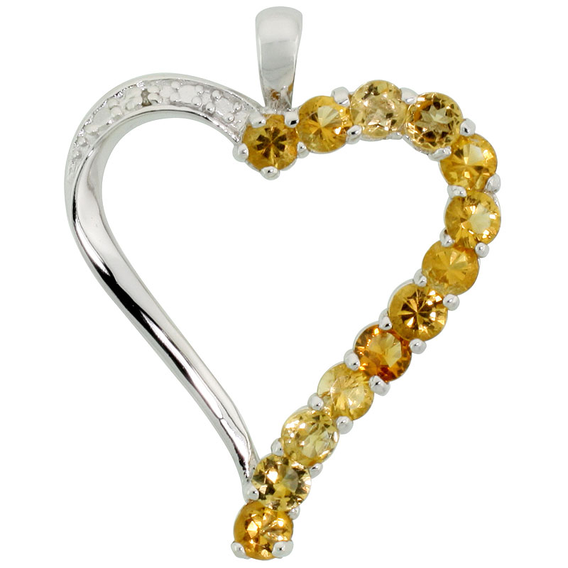 Sterling Silver Cut Out Heart Pendant w/ 3mm Brilliant Cut Natural Citrine Stones, 1" (25 mm) tall; w/ 18 in. Box Chain