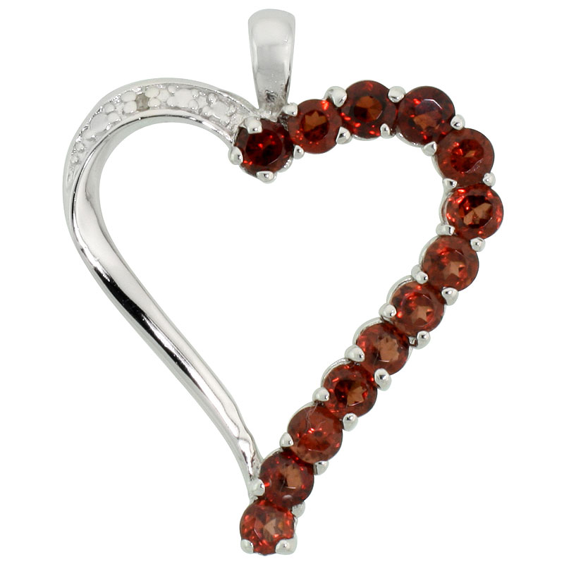 Sterling Silver Cut Out Heart Pendant w/ 3mm Brilliant Cut Natural Garnet Stones, 1" (25 mm) tall; w/ 18 in. Box Chain
