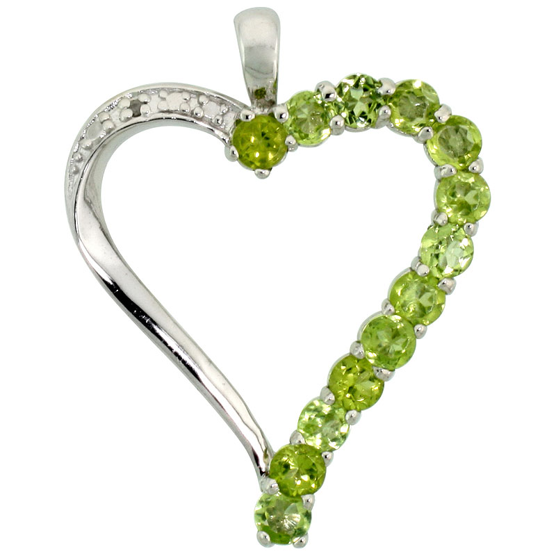 Sterling Silver Cut Out Heart Pendant w/ 3mm Brilliant Cut Natural Peridot Stones, 1" (25 mm) tall; w/ 18 in. Box Chain