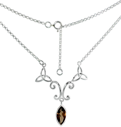 Sterling Silver Celtic Trinity Triquetra Knot Necklace with Natural Smoky Topaz, 16 inch long