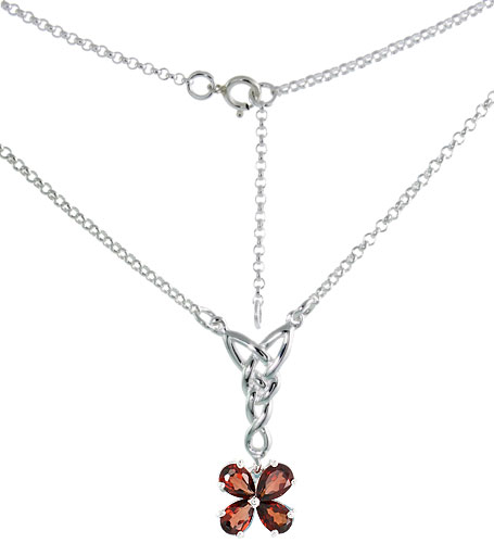 Sterling Silver Celtic 4-Leaf Clover Love Knot Necklace with Natural Garnet 16 inch long