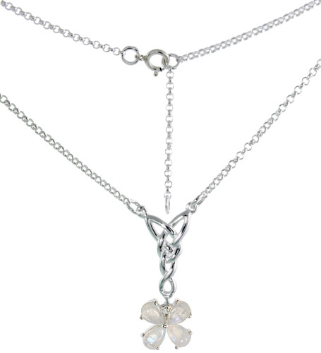 Sterling Silver Celtic 4-Leaf Clover Love Knot Necklace with Natural Moonstone, 16 inch long