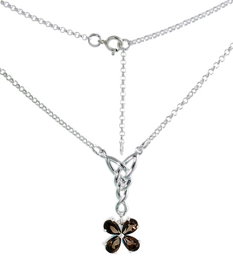 Sterling Silver Celtic 4-Leaf Clover Love Knot Necklace with Natural Smoky Topaz, 16 inch long