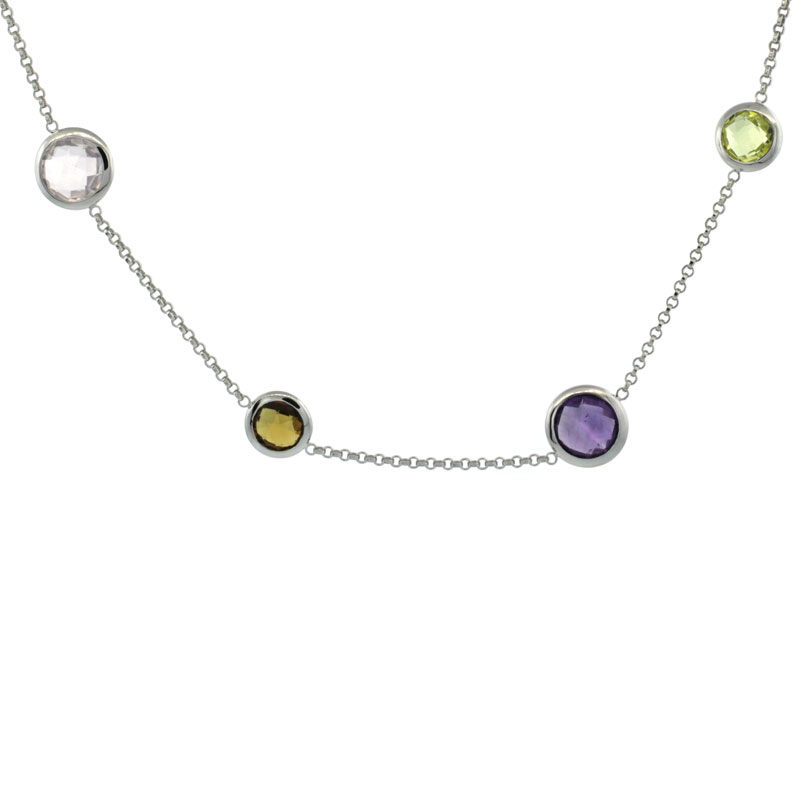 Sterling Silver Stone By The Yard Necklace (Available in 18 in. & 24 in.) w/ Multi Color Gem Stones ( Amethyst, Blue Topaz, Citrine, Garnet, Smoky Topaz, Green Amethyst, Pink Quartz )