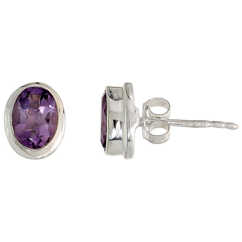 Sterling Silver 7x5mm Oval Natural Amethyst Stone Stud Earrings