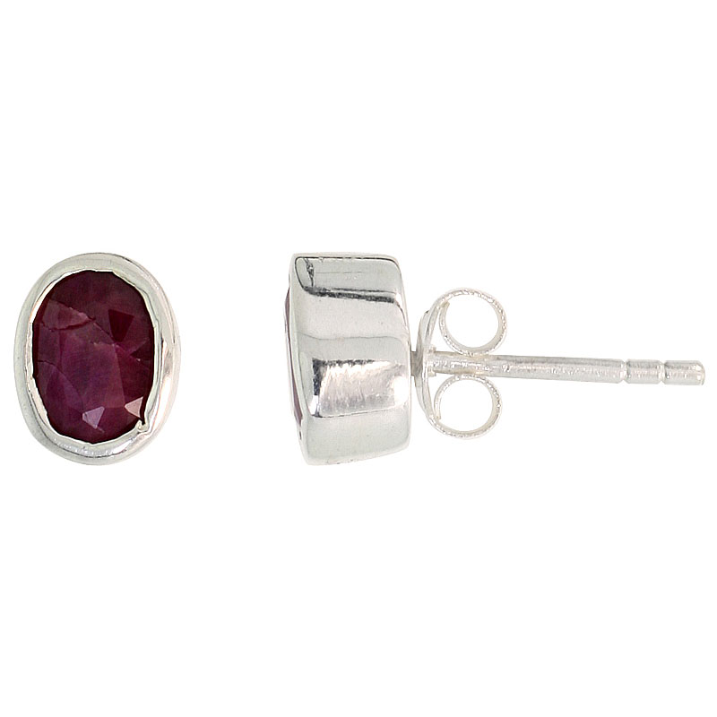Sterling Silver 7x5mm Oval Natural Ruby Stone Stud Earrings