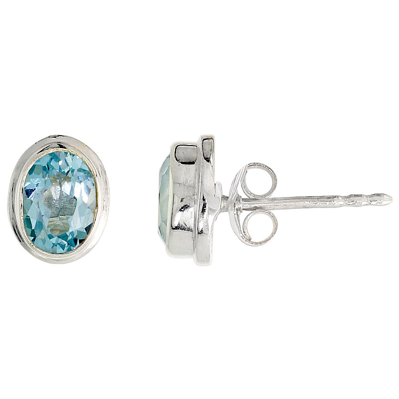 Sterling Silver 7x5mm Oval Natural Blue Topaz Stone Stud Earrings