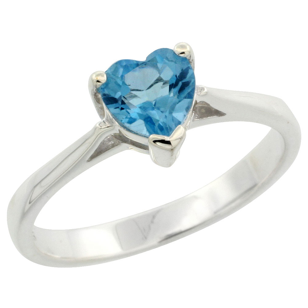 Sterling Silver Blue Topaz 1 ct Heart Solitaire Ring 1/4 inch wide, sizes 6 - 10