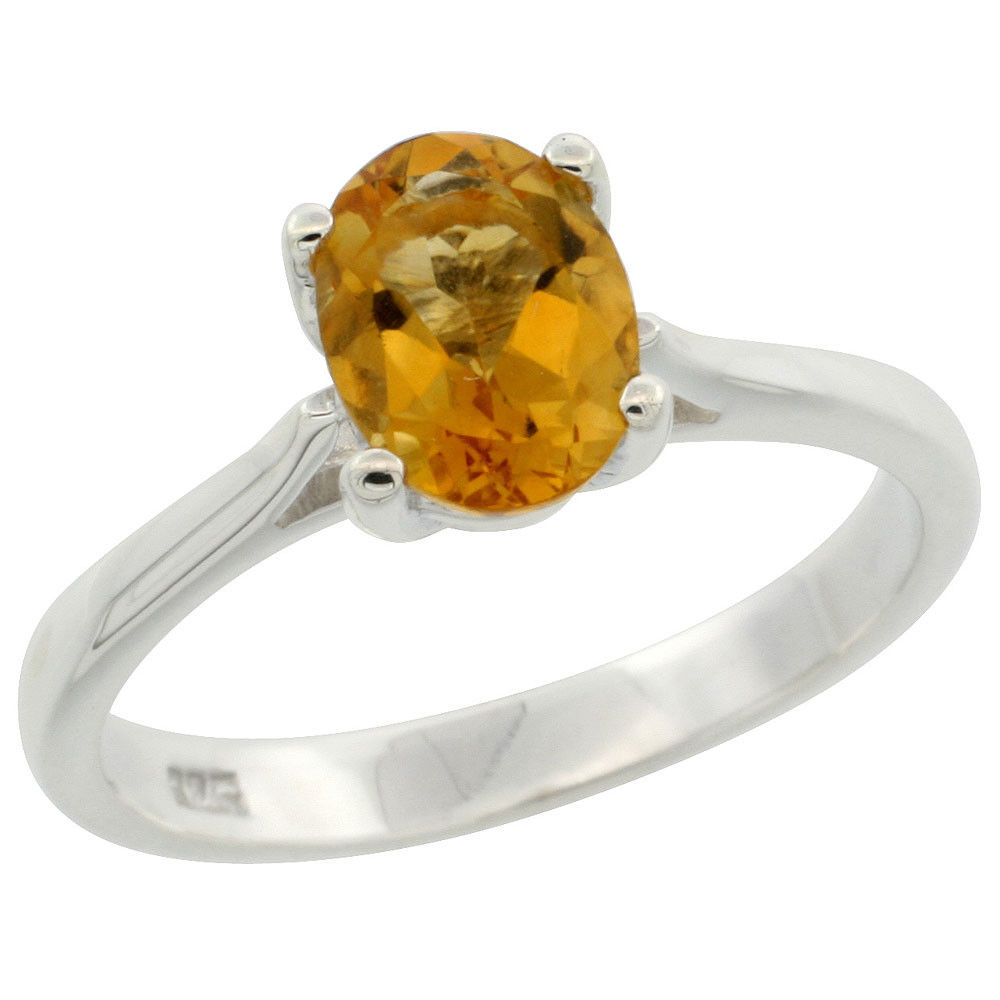 Sterling Silver Citrine Solitaire Ring 1.1 ct Oval 5/16 inch wide, sizes 6 - 10