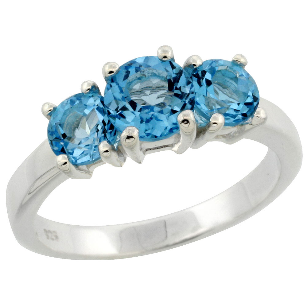 Sterling Silver Blue Topaz 3-Stone Ring 2 cttw 1/4 inch wide, sizes 6 - 10