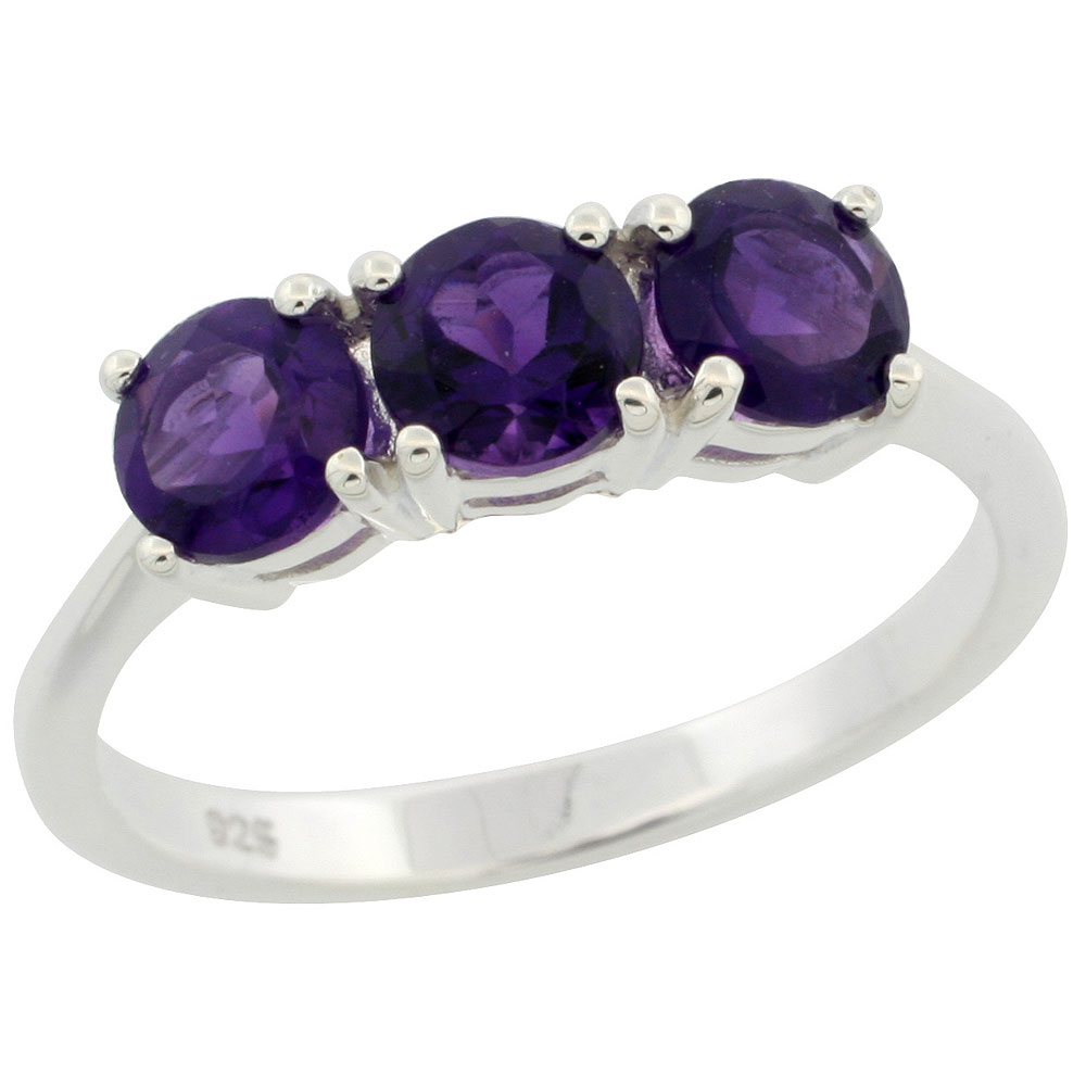 Sterling Silver 5mm Amethyst 3-Stone Ring 2 cttw 3/16 inch wide, sizes 6 - 10
