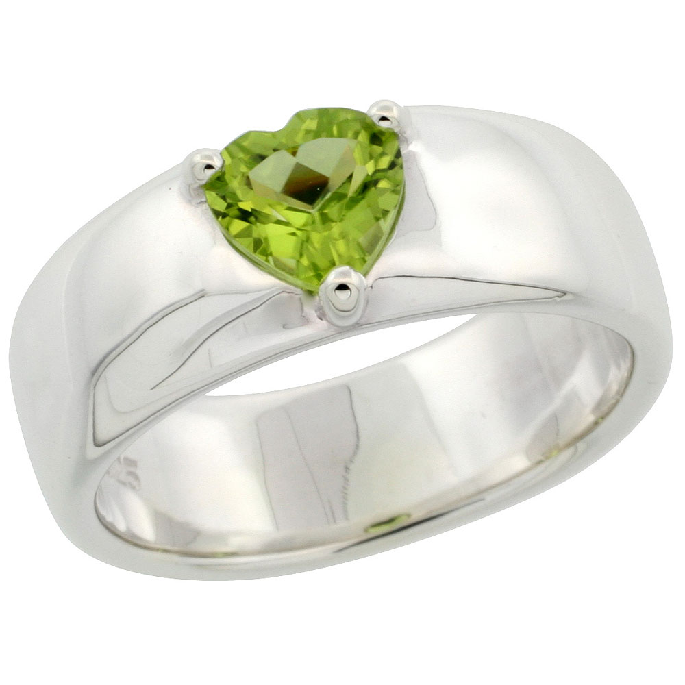 Sterling Silver Peridot 3/4 ct Heart Ring Band 1/4 inch wide, sizes 6 - 10