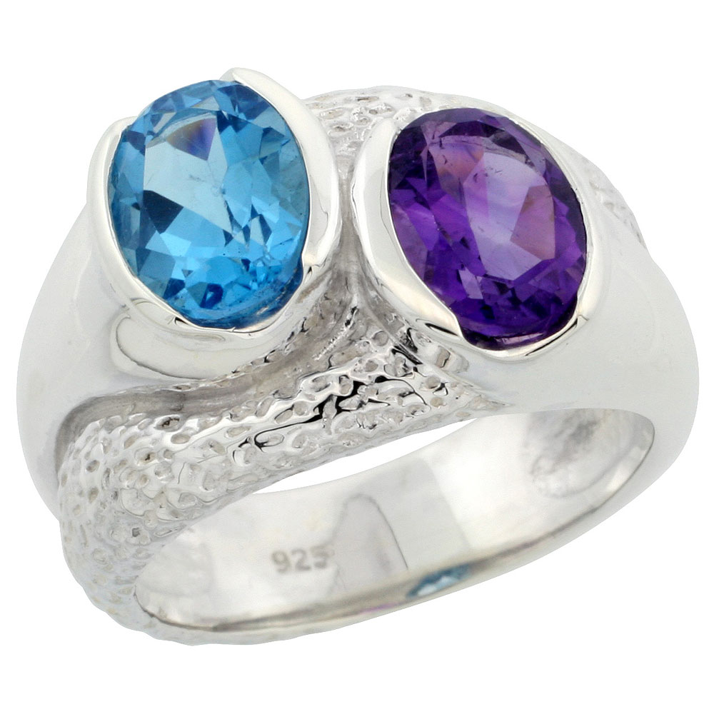 Sterling Silver Amethyst & Blue Topaz two-stone Ring 2.7 cttw 1/2 inch wide, sizes 6 - 10