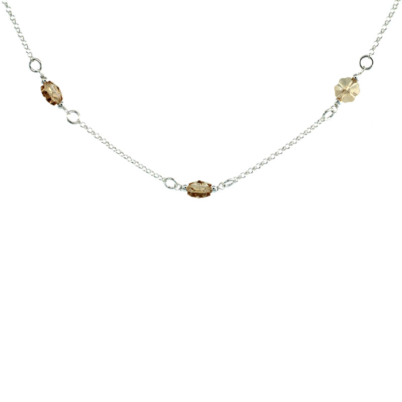 Sterling Silver Flower Citrine Swarovski Crystals 16 in. Rolo Chain Link Necklace