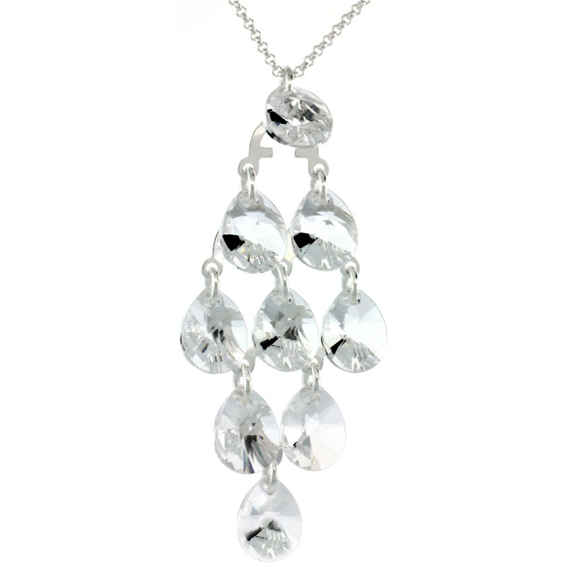 Sterling Silver Clear Swarovski Crystals Chandelier Pendant 16 in. Rolo Chain Link Necklace