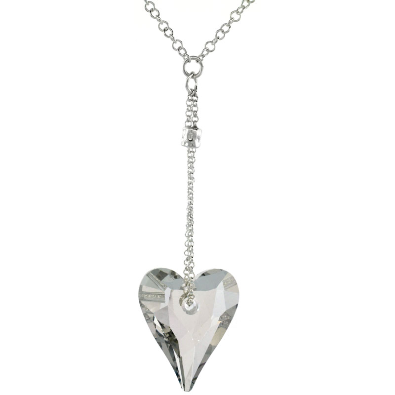 Sterling Silver Clear Swarovski Crystal Heart Dangle Pendant 16 in. Rolo Chain Link Necklace